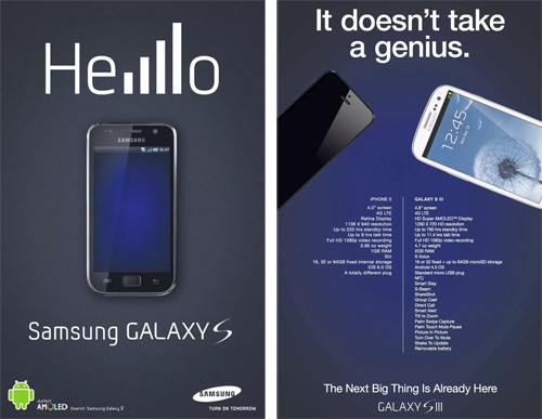 Hai trong số những quảng cáo đầu tiên của dòng Galaxy S nhắm trực tiếp vào Apple iPhone.