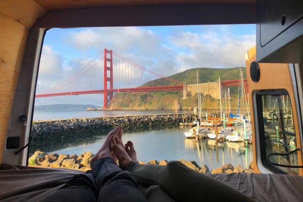 San Francisco's Golden Gate Bridge seen from the rear door of Jack Mann's 2006 Mercedes Sprinter