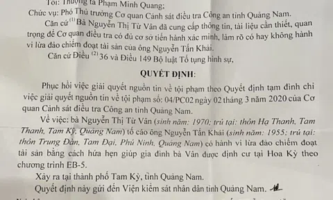 Công an Quảng Nam phục hồi điều tra vụ Việt kiều Mỹ bị 'tố' lừa đảo 600 nghìn USD đi Mỹ