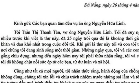 Vợ Nguyễn Hữu Linh: Sự việc là bản án chung thân đối với gia đình chúng tôi!