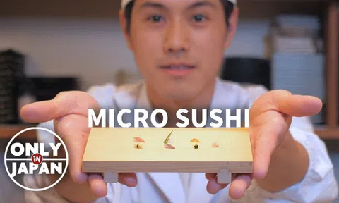Không làm món khổng lồ như bà Tân, đầu bếp Nhật làm sushi bé tí như hạt gạo cũng đủ khiến người ta trầm trồ